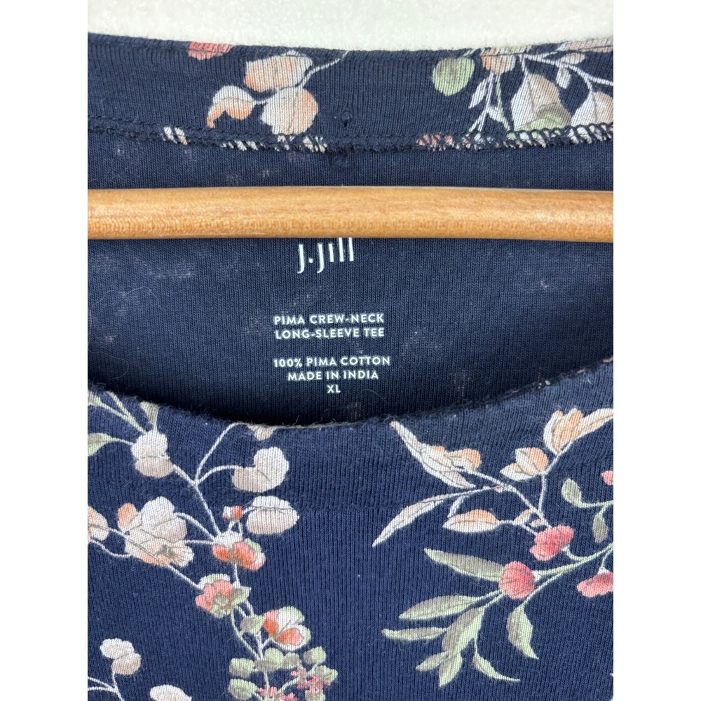 J.Jill Pima Cotton Tee XL Navy Floral Long Sleeve Crew Neck Botanical Casual - Picture 2 of 5